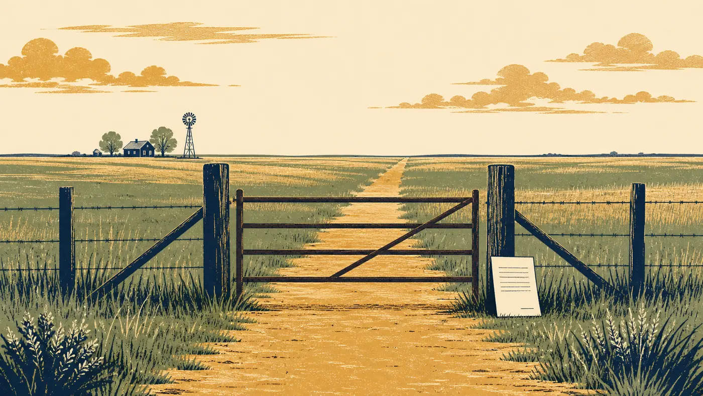 A level prairie trail narrows through a plain cattle gate in a long fence line. A contract page rests beside the gatepost, and the same trail continues level beyond it.