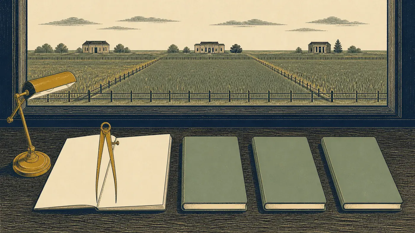 One open blank contract is measured beside three equal, unmarked issuer ledgers, with three separate field parcels and equally weighted institutional buildings beyond.