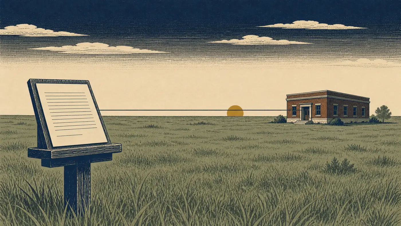 A contract page on a prairie survey stand is connected by one level line to a separate, unbranded insurance-company building across the field.