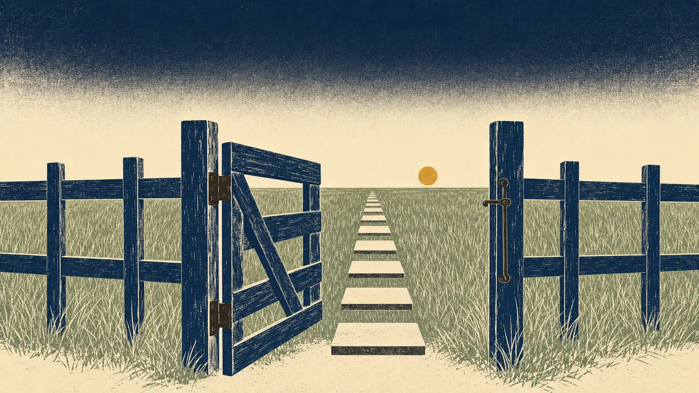 An open wooden gate stands in an unbroken prairie fence line, with evenly spaced stepping stones running through the gateway toward a low sun on the horizon.