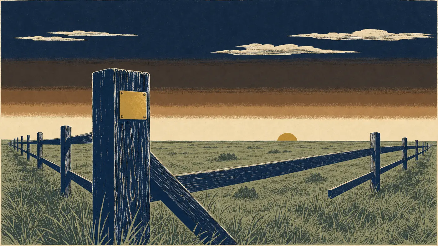 A corner fence post carrying a blank brass survey marker stands at dusk, with fence lines running out to the left and right across open prairie.