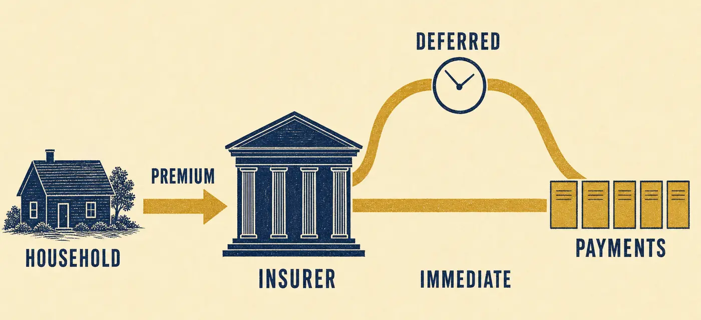 Flow diagram. A household pays a premium to an insurer. From the insurer two routes lead to payments: a deferred route that curves upward through a clock before payments begin, and an immediate route that runs straight across. Payments are drawn as five identical, equally sized slips.