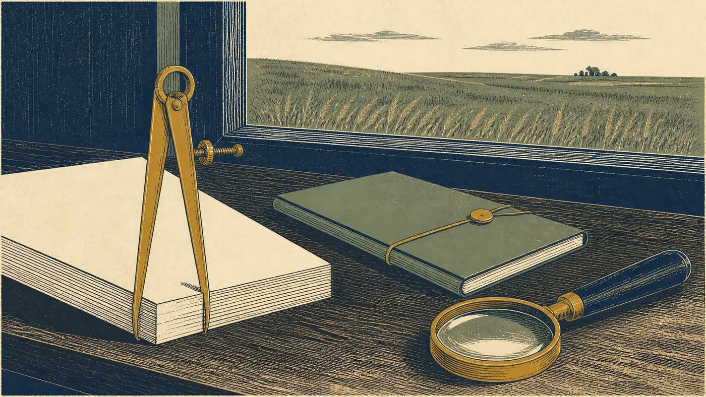 Antique brass calipers measure the edge of a blank contract while a separate disclosure folio and magnifying lens rest nearby.