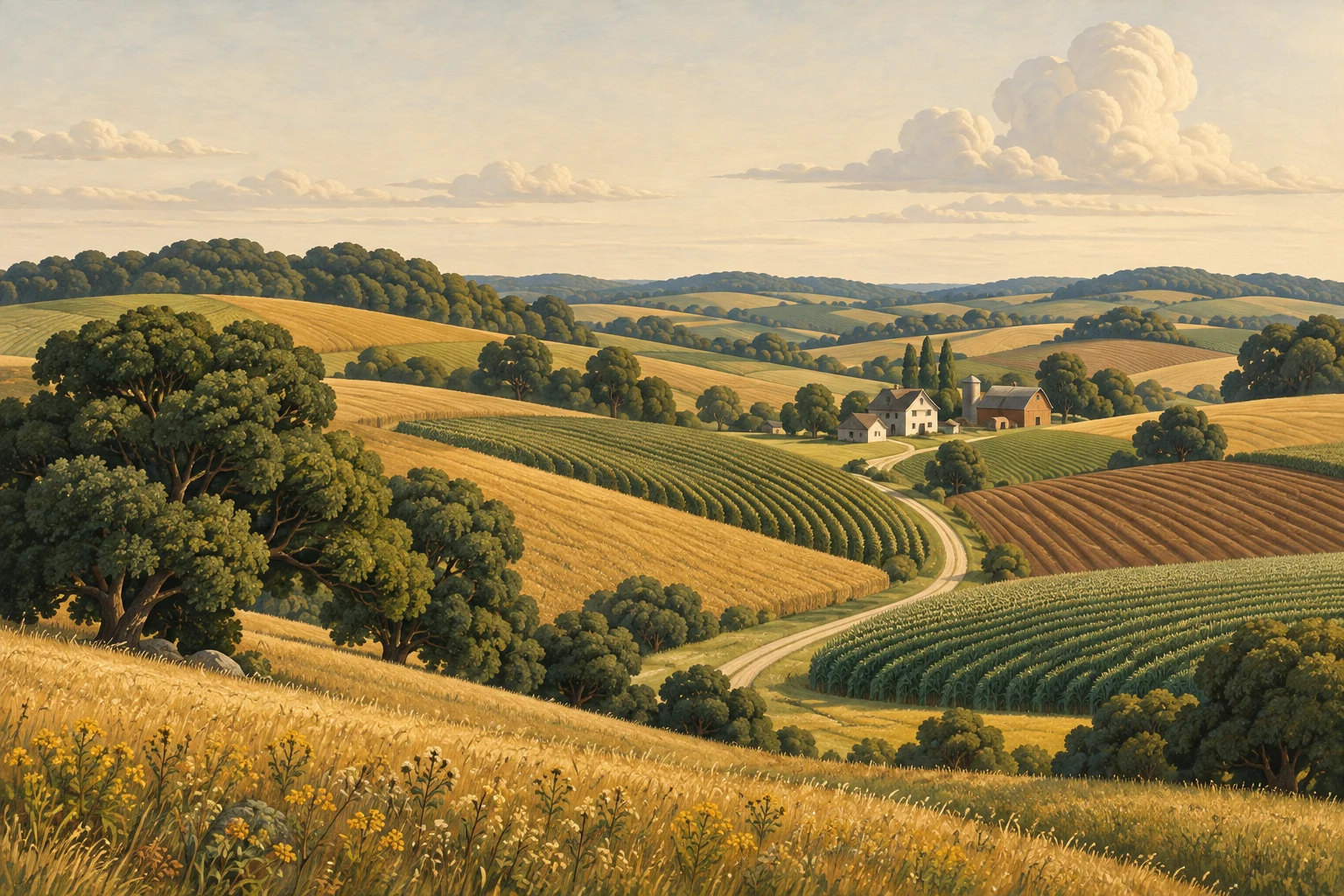 An original painting of rolling Iowa hills, oak trees, and a winding path through golden fields.