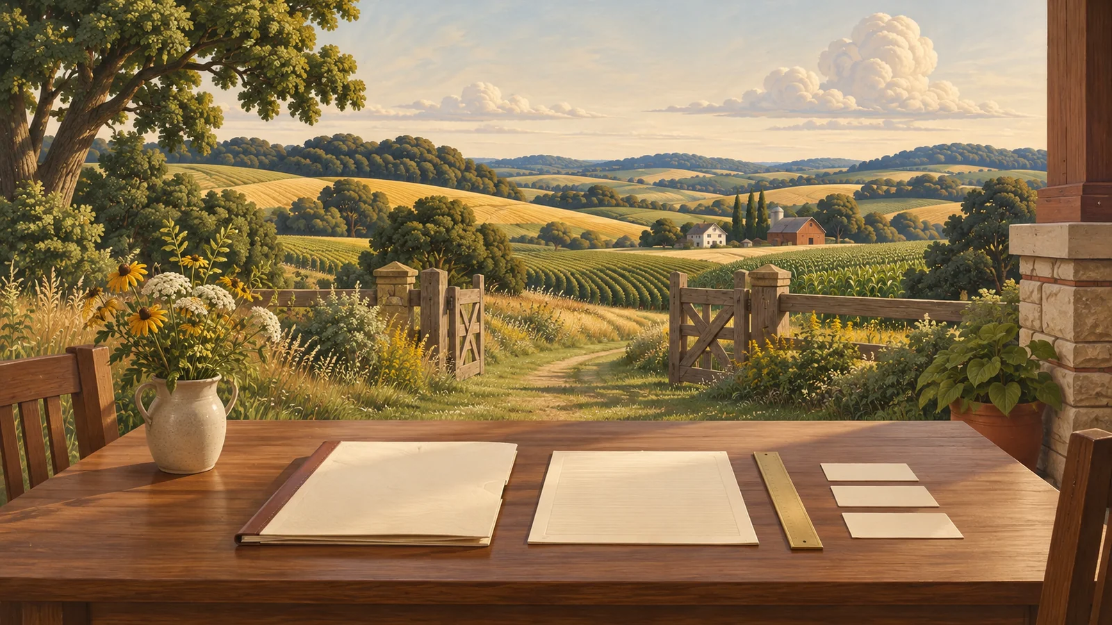 A contract folio, separate quote sheet, brass ruler and three blank slips sit above a prairie path and an open wooden gate.