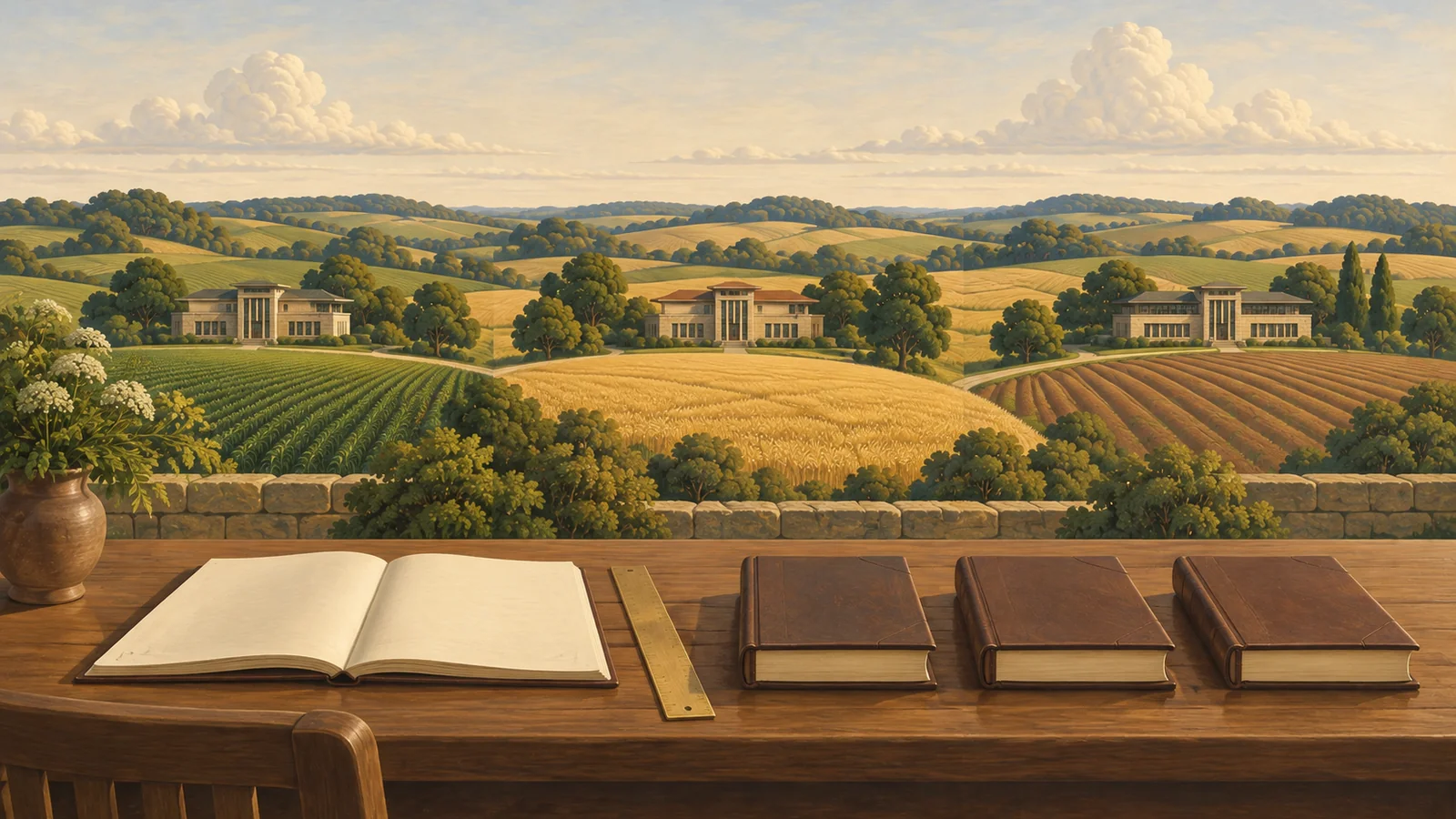 An open contract and ruler sit beside three equal ledgers, with three equally sized unbranded buildings in separate fields beyond.