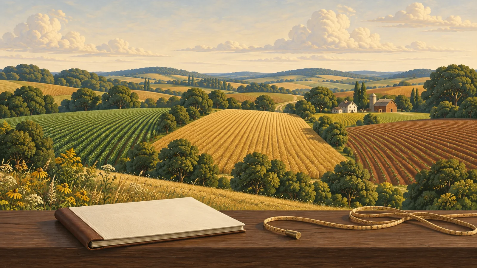 Three separate fields in green, brass and clay extend beyond a walnut ledge holding a cream folio and measuring tape.