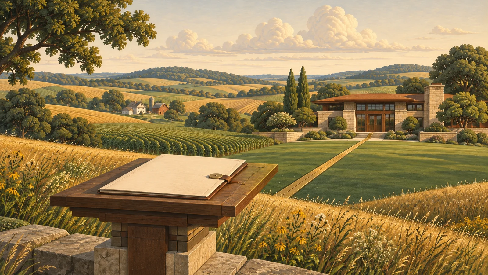 A contract folio on a wooden stand connects by one level brass-colored line to a separate unbranded building across a prairie field.