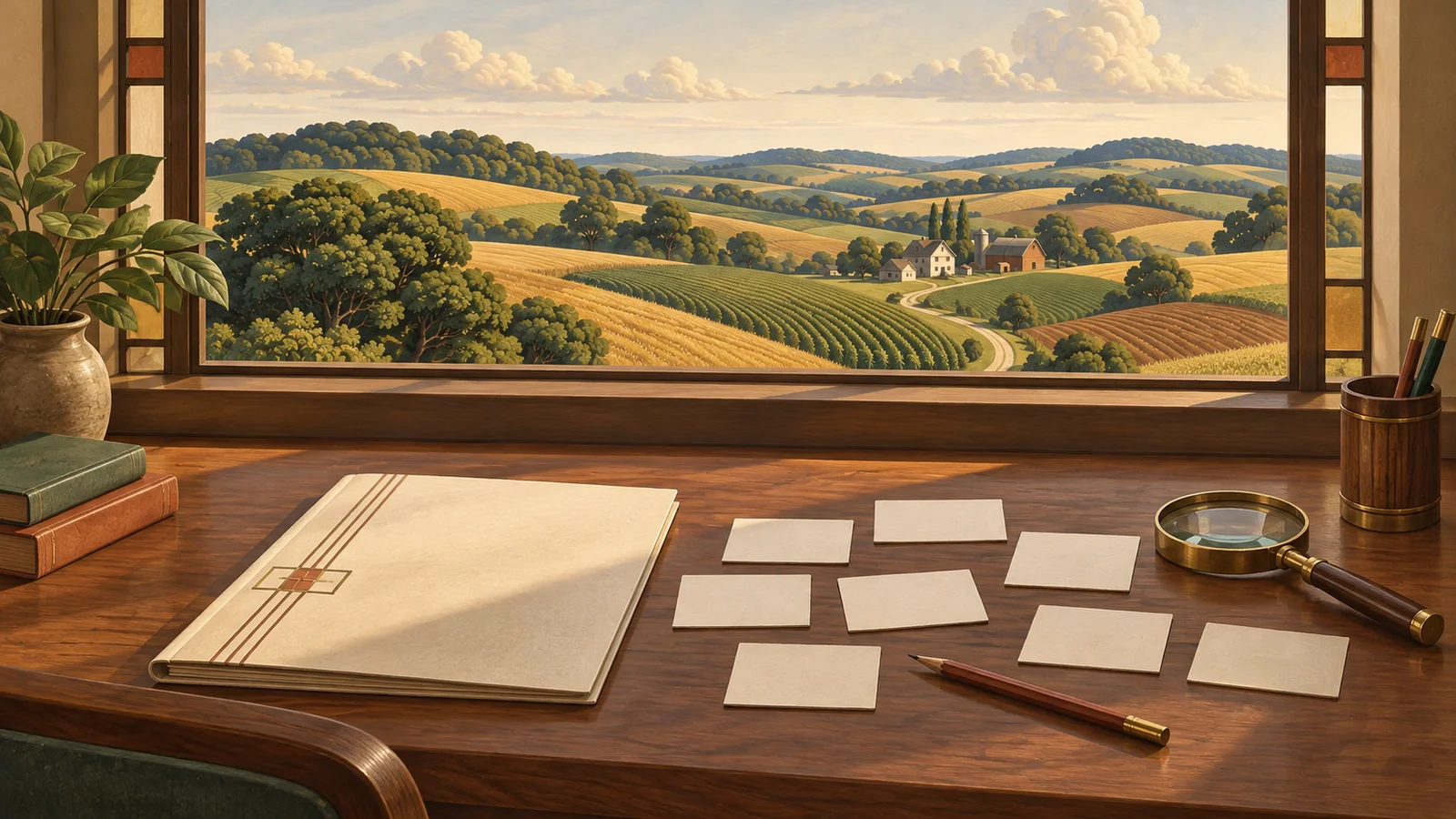 A contract folder, blank question cards, a pencil and a magnifying lens on a desk beside a prairie-facing window.